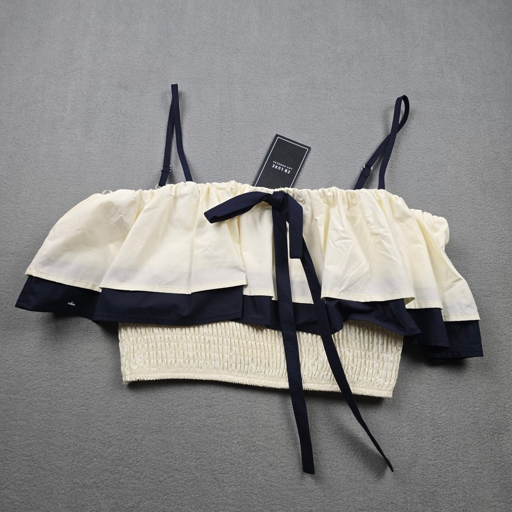 EB Luxe Los Angeles Womens Smocked Ruffle Crop Top Cream Navy Blue LT1819‎ M NEW